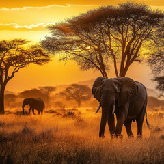 Majestic Elephants Roaming in the Golden Savanna: An awe-inspiring vista of the African savanna at sunset, featuring majestic elephants silhouetted against a fiery sky.