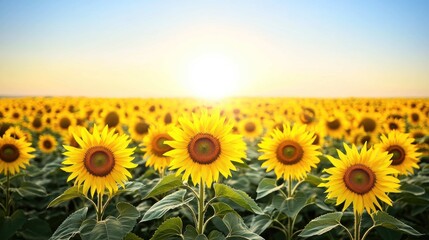 Fototapeta premium A vast field of brilliant yellow sunflowers, all facing the rising sun, creating a sea of gold under a clear blue sky, vibrant, cheerful, and full of life, shallow depth of field.