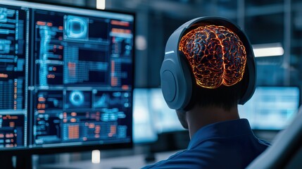 Brain-computer interface (BCI) headset allowing a user to manipulate a complex holographic interface with thoughts, effortless control of data visualizations, futuristic workspace