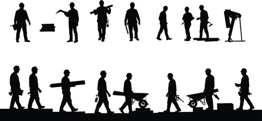 Construction workers silhouettes with tools and wheelbarrows, laborer teamwork, builder carrying equipment, black worker silhouettes, industrial construction site vector, men at work