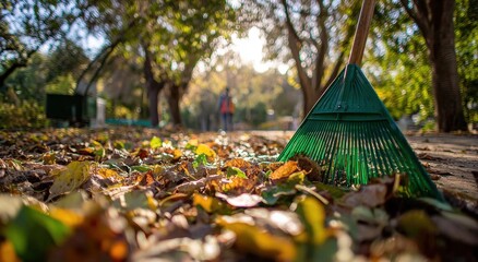 Autumn leaves raked on a path