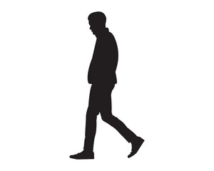 Silhouette of a young man walking alone, side view in black on white background, representing solitude, motion, or routine life