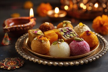 Beautiful Indian sweets collection on decorative plate Diwali mithai festival treats traditional desserts cultural celebration
