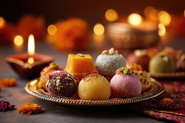 Traditional Diwali sweets mithai on ornamental plate Indian festival treats colorful desserts celebration cultural confections delicious

