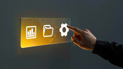 Navigating Digital Landscapes A Hand Interacting with a Transparent Interface Displaying Data Charts, Folders, and Settings Icons in a Modern Technological Environment