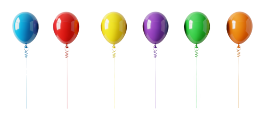 Collection of assorted colorful balloons floating against a transparent background PNG cutout isolate