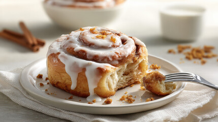 A freshly baked cinnamon roll topped with thick icing sits on a plate. The soft, fluffy pastry is swirled with cinnamon and sugar, making a perfect sweet treat.