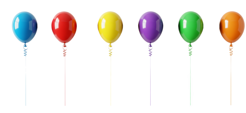 Collection of assorted colorful balloons floating against a transparent background PNG cutout isolate