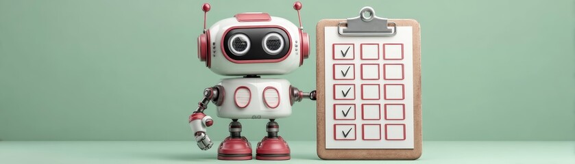 A cheerful robot holds a clipboard with checkmarks, symbolizing efficiency and task management in a modern, minimalistic setting with space for text, cute teacher robot