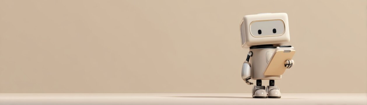A cute, small robot stands against a minimalist background, holding a clipboard, suggesting themes of technology and innovation with space for text, cute teacher robot
