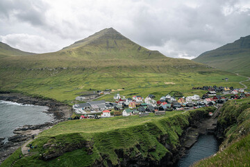 Mountain Above Coastal Village on the Faroe Islands