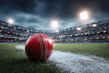Red leather cricket ball on grass field illuminated stadium lights professional sports venue atmospheric night game scene
