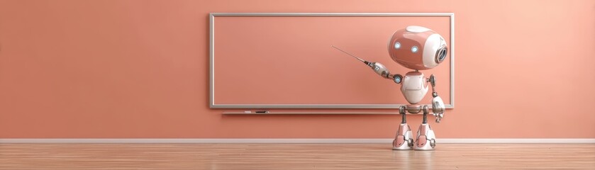 A cute robot stands in a classroom, pointing at a blank board, set against a peach-colored wall, showcasing a blend of technology and education with space for text, cute teacher robot