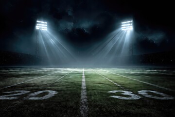 Professional football stadium at night bright floodlights illuminated empty field sports venue dramatic atmosphere championship ready
