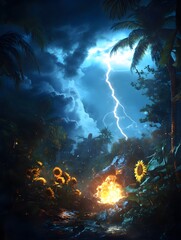 Obraz premium Tropical jungle during a powerful lightning storm with sunflowers and a campfire