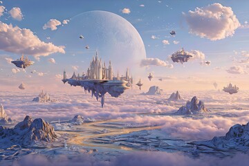 Fantasy floating rock formations in clouds magical landscape surreal digital painting concept art dreamy mystical atmosphere
