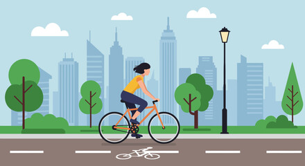 Fototapeta premium Flat illustration of a person cycling in the city, modern lifestyle, eco transport, sports and fitness concept, vector design