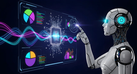 AI robot analyzing complex data on a futuristic holographic dashboard