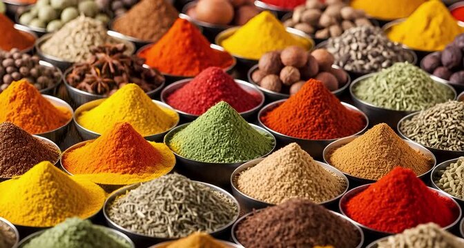 A vibrant assortment of colorful spices in small bowls, showcasing a variety of textures and hues for culinary use animated 4k video