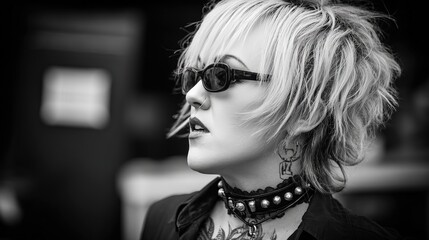 Obraz premium Rocker girl in sunglasses, intense half-profile portrait with dramatic lighting, exuding bold confidence and urban edge.