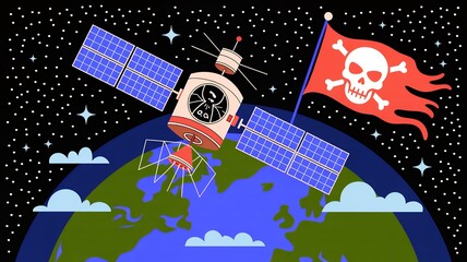 Cartoon Satellite with Skull and Crossbones Flag Orbiting Earth in Space