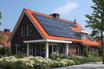 Energy efficient home with solar panel system sustainable architecture green living renewable energy residential property modern design

