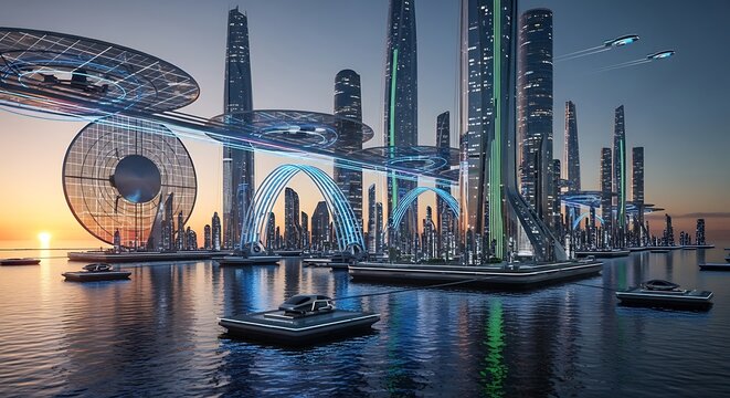 Futuristic Cityscape Over Water.