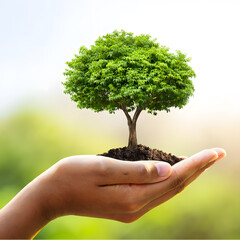 Nurturing Growth A Mature Tree Held in a Human Hand Against a Soft Green Backdrop Symbolizing Environmental Care, Sustainability, and the Potential of Nature