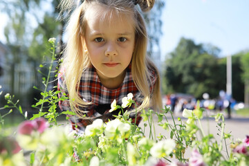 Curious Child Exploring a Lush Garden on a Sunny Day