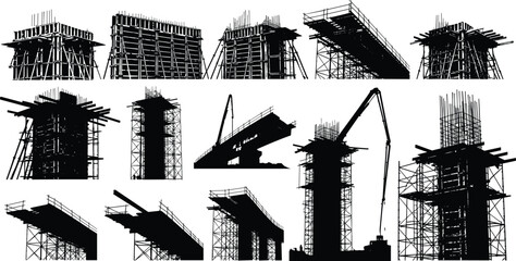 Bridge construction silhouettes with scaffolding, formwork, and rebar showing infrastructure development stages, concrete casting, and civil engineering structures.