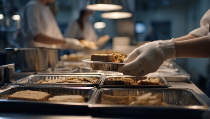 Food service workers preparing and distributing meals