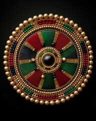 Decorative Kwanzaa inspired medallion with intricate gold, red, green, and black patterns symbolizing unity and heritage