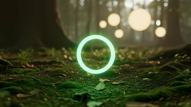 Glowing green circle in a mystical forest floor.