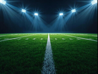 Obraz premium Bright floodlights illuminate an American football field at night, seen from the 50 yard line with dramatic shadows.