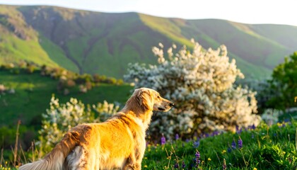 Golden retriever in a mountainous spring landscape