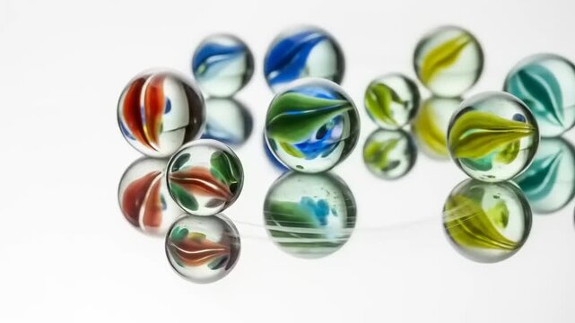 Colorful glass marbles reflecting light on a white surface, showcasing vibrant designs and textures