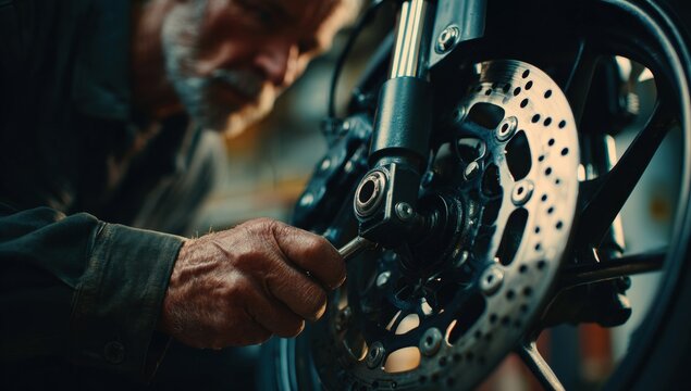 Close-up of elderly mechanic working on motorcycle - Powered by Adobe
