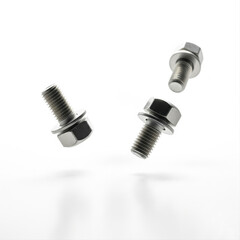 A minimalistic shot showcasing three silver bolts with washers on a white background space