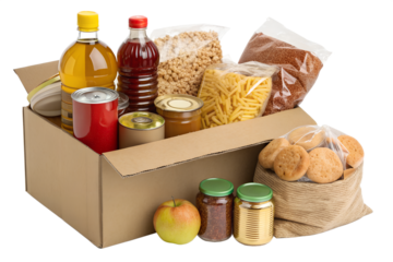 Food donation box with essential groceries like pasta, canned goods, cooking oil, fresh apples, and grains, supporting community charitable initiatives