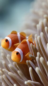 Orange and white clownfish swim near a sea anemone, their natural habitat in a coral reef ecosystem, showcasing the symbiotic relationship between these species