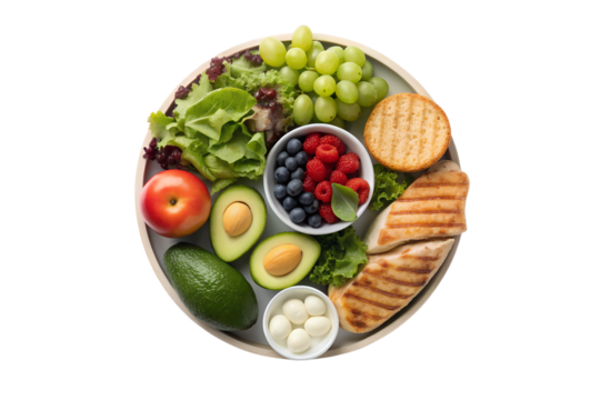 Nutritious and Delicious Meal Plate A Perfect Blend of Grilled Chicken, Fresh Fruits, and Vibrant Vegetables for a Healthy Lifestyle