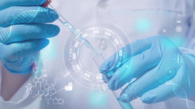 Close up of doctor hand with blue gloves holding pipette for medical research biotechnology innovation, futuristic science, healthcare, DNA analysis, laboratory testing, and human body medical study.