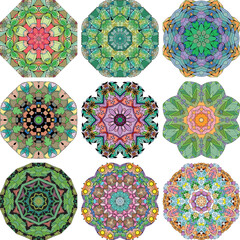 Set of colorful cute Mandalas. Decorative unusual round ornaments.