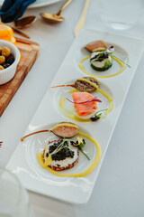 Elegant gourmet appetizers served. Three exquisite appetizers artfully displayed on a long white plate, showcasing diverse textures and flavors.