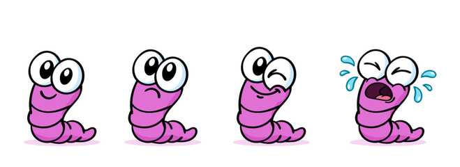 Set of cute pink worm cartoon characters with different facial expressions, funny vector illustration for kids, web, marketing and design