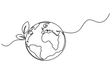 Earth with sprout one continuous line drawing editable outline vector illustration symbol of sustainability and eco growth
