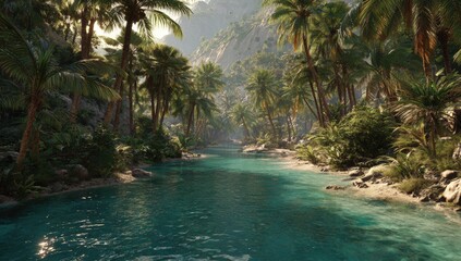 Tropical river valley with palm trees