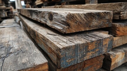 Reclaimed barn wood planks ready for cutting