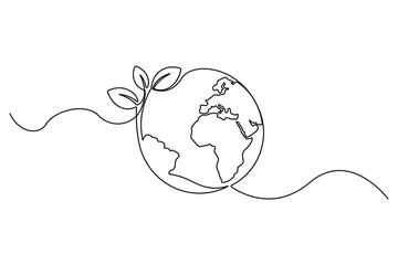 Earth with sprout one continuous line drawing editable outline vector illustration symbol of sustainability and eco growth
