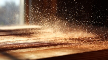 Sandpaper smoothing rough cedar plank with floating dust particles